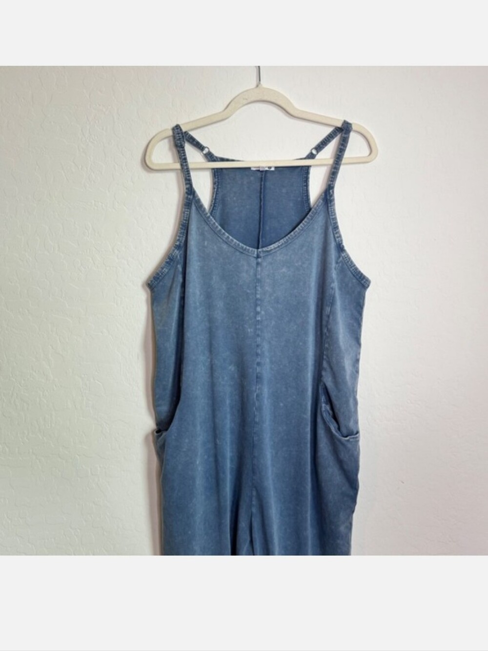Anthropologie Sundry Blue Mineral Wash Wide Leg Cropped Jumpsuit L Boho Lounge - Picture 2 of 11